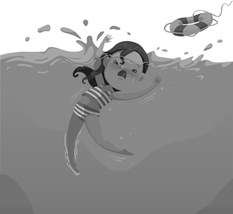 child drowning in water with a life raft thrown to her