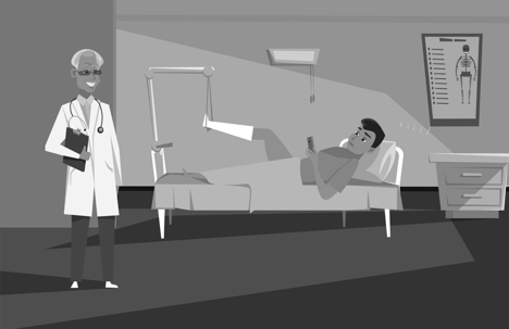 man with broken leg in hospital with a doctor talking to him