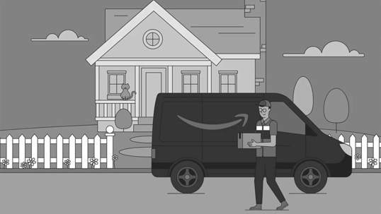 amazon worker walking by amazon truck in front of a house