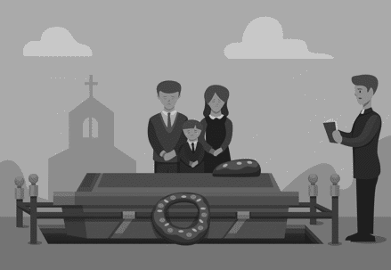 family of three standing in front of a casket with a priest reading to them